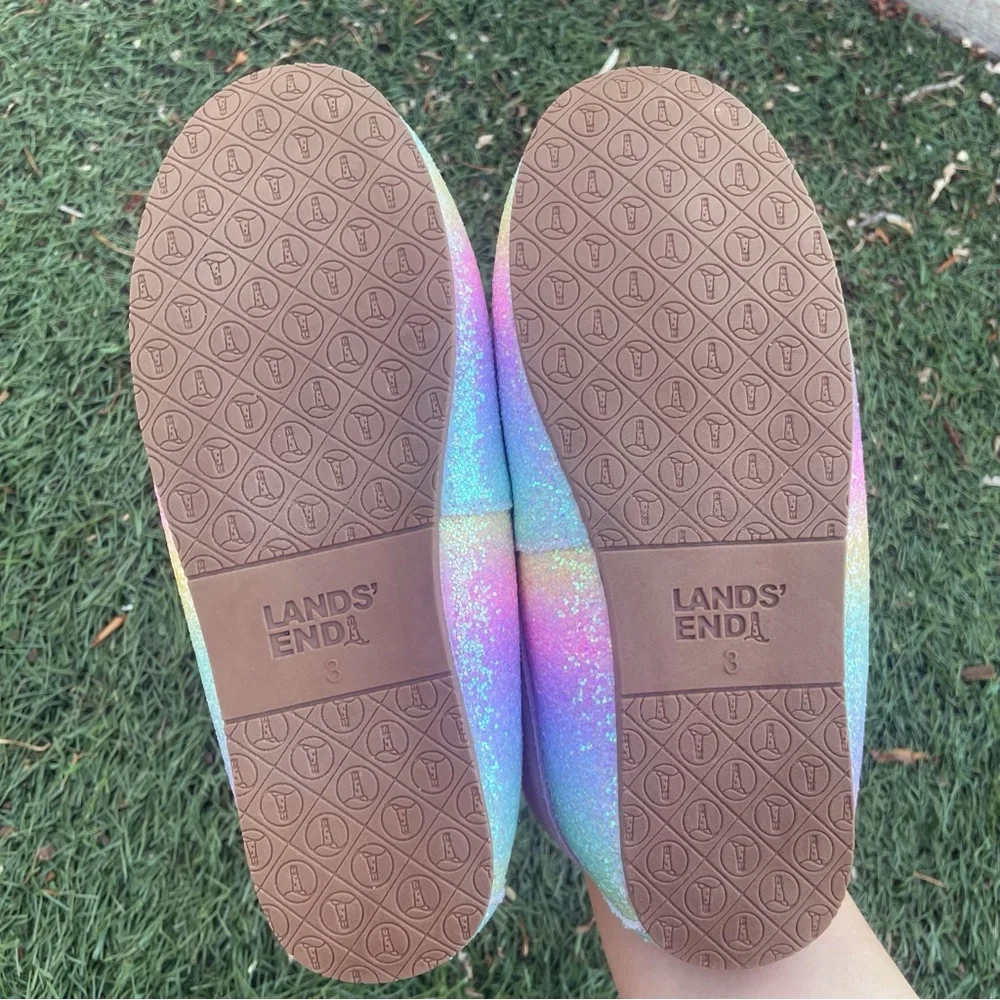 Rainbow Glitter Lands’ End Youth/Adolescent Moccasin Slippers Size 3